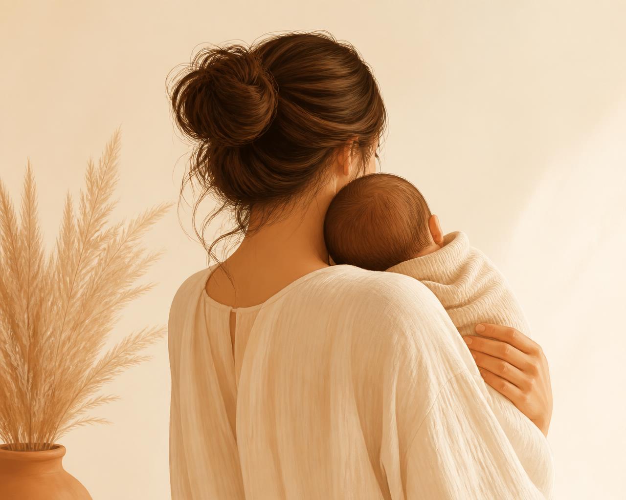Mãe segurando seu bebê com delicadeza em um ambiente acolhedor